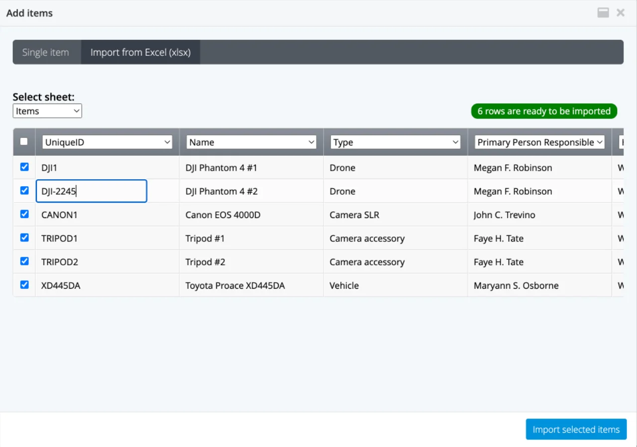 Import equipment and assets from MS Excel, Google Sheets, Apple Numbers or other spreadsheet software into equipment management, booking/scheduling and checkout software.