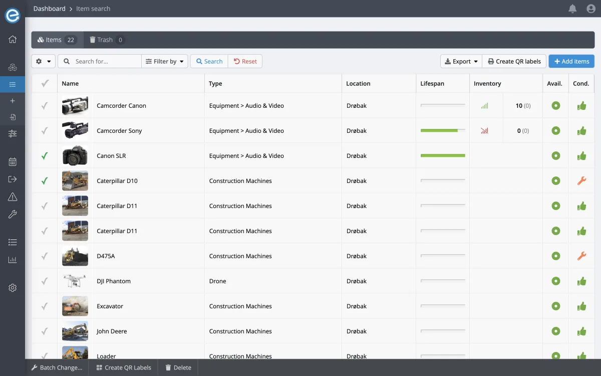 Track equipment, maintenance, locations, checkouts and schedule equipment usage with Itefy Equipment Management Solution